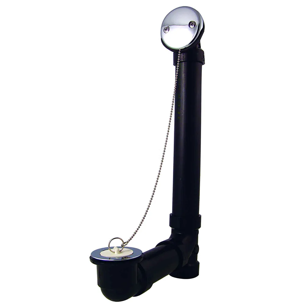 Drain de bain entier en ABS avec trop-plein et bouchon avec chaîne au fini chromé, 1-1/2"