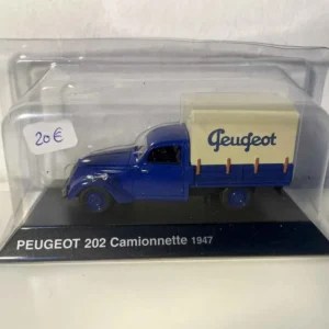 Peugeot 202 camionnette bleue bâchée de 1947 (bâche crème avec le texte PEUGEOT)