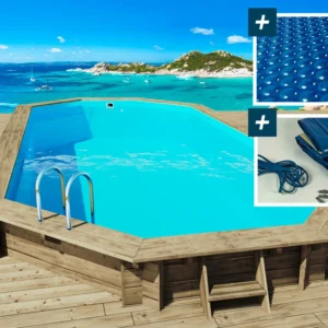 Piscine bois " ibiza 145 " - 8.57 x 4.57 x 1.45 m + bâche à bulles 180 µ + bâche hiver 280 gr/m²