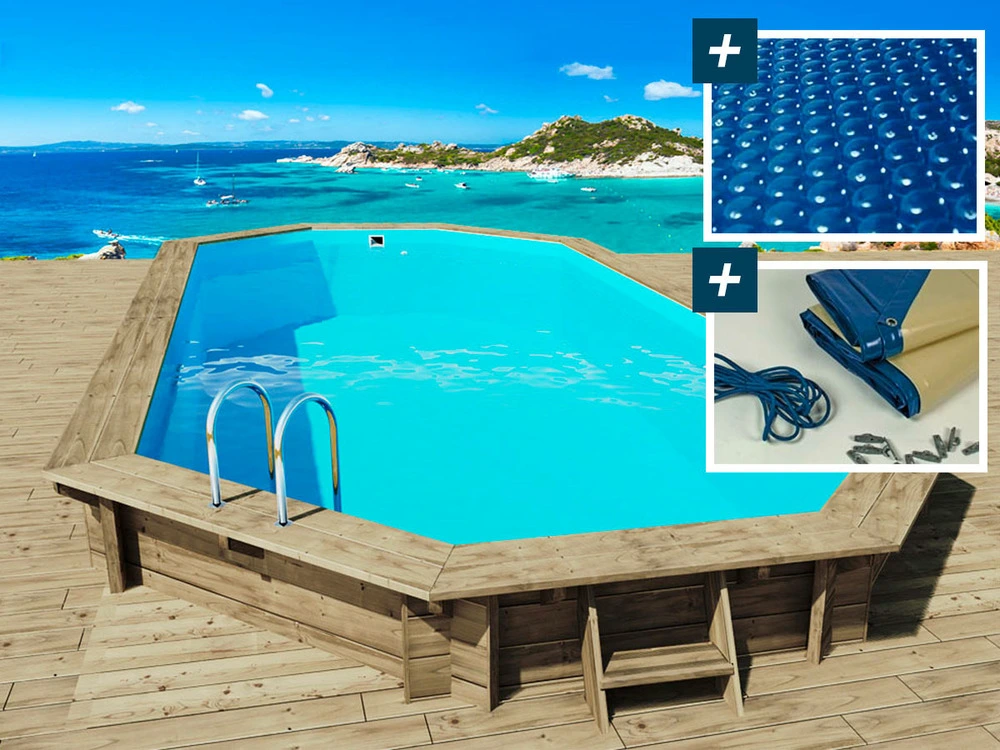 Piscine bois " ibiza 145 " - 8.57 x 4.57 x 1.45 m + bâche à bulles 180 µ + bâche hiver 280 gr/m²