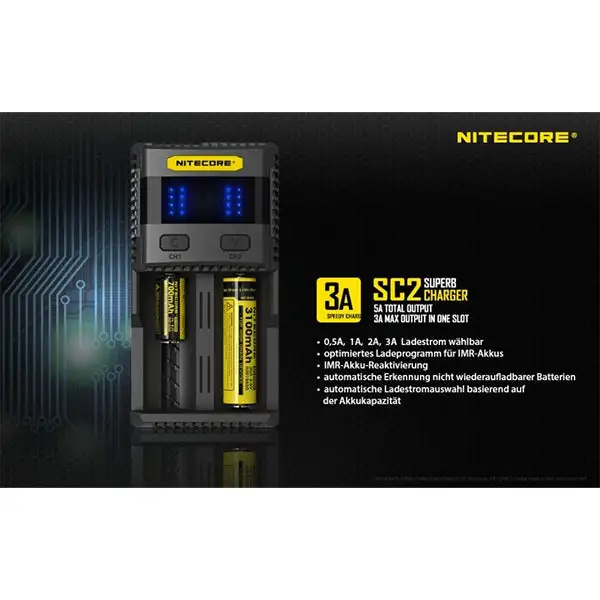 CHARGEUR VIF DE BATTERIE NITECORE SC2 POUR TOUS LES TYPES DE BATTER