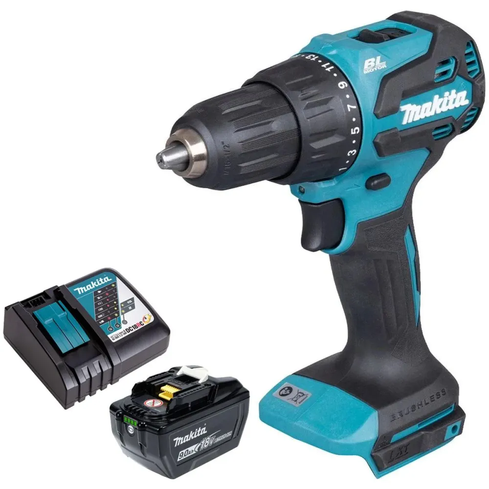 Makita DHP490Z, perceuse combinée sans balais 18 V LXT Li-Ion avec 1 batterie de 9,0 Ah et 1 chargeur