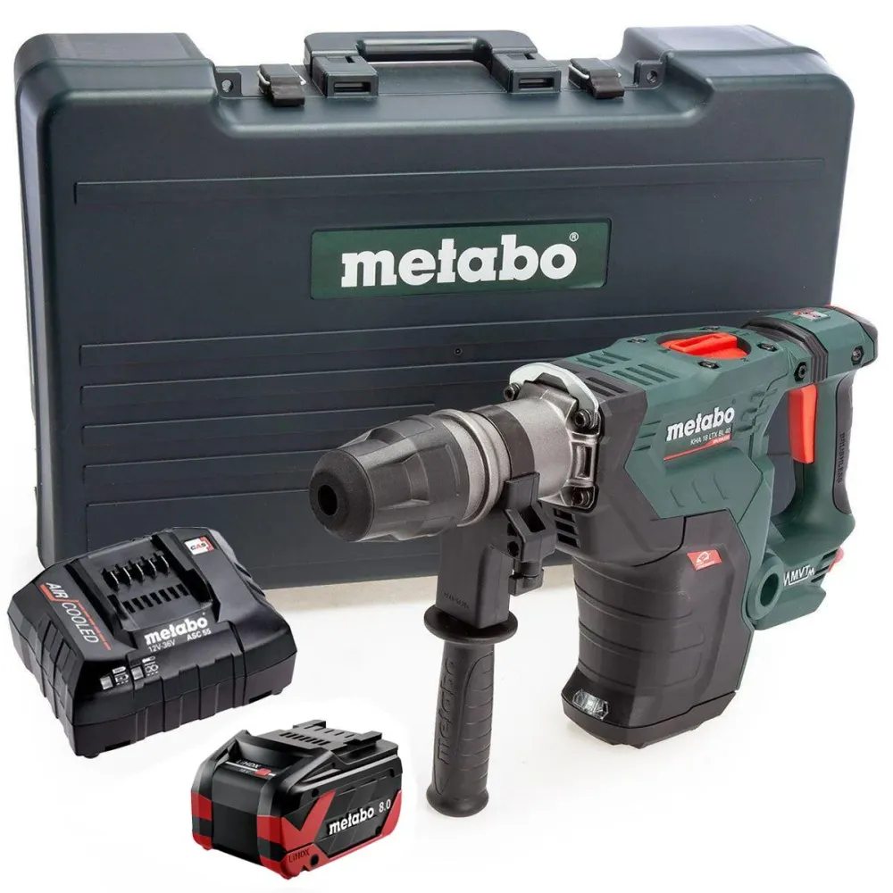 Metabo KHA 18 LTX BL 40, perceuse à marteau combinée sans fil 18V Brushless SDS-Max, 1 batterie 8,0 Ah, chargeur et malette