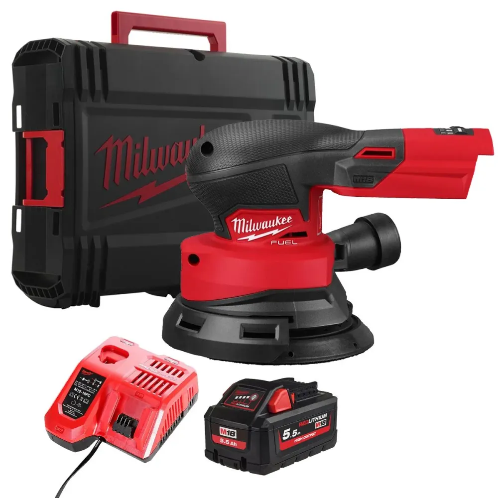 Milwaukee M18FROS125-0X 18V M18 Brushless Random Orbital Sander 1 x 5.5Ah Battery Charger & Case