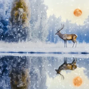 Toile de fond êt Enchantée Chute de Neige Cerf Aurore Réflexion LXX58-289 avec garantie 1