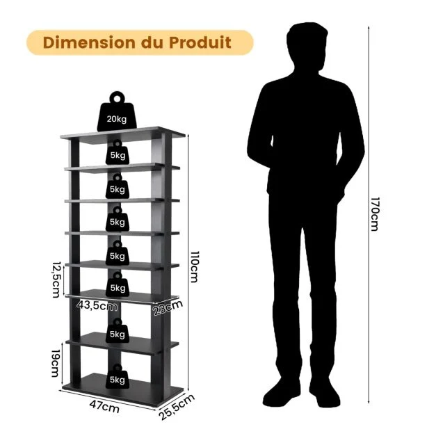Meuble à chaussures à 7 niveaux avec étagère amovible porte-chaussures à jumeau rangée avec dispositif anti-dumping noir 2...