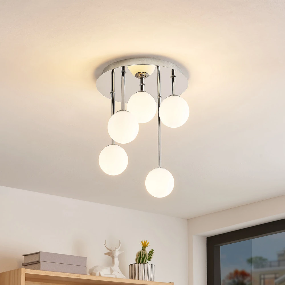Lindby plafonnier Chrissy, Ø 27 cm, chromé, à 5 lampes, verre