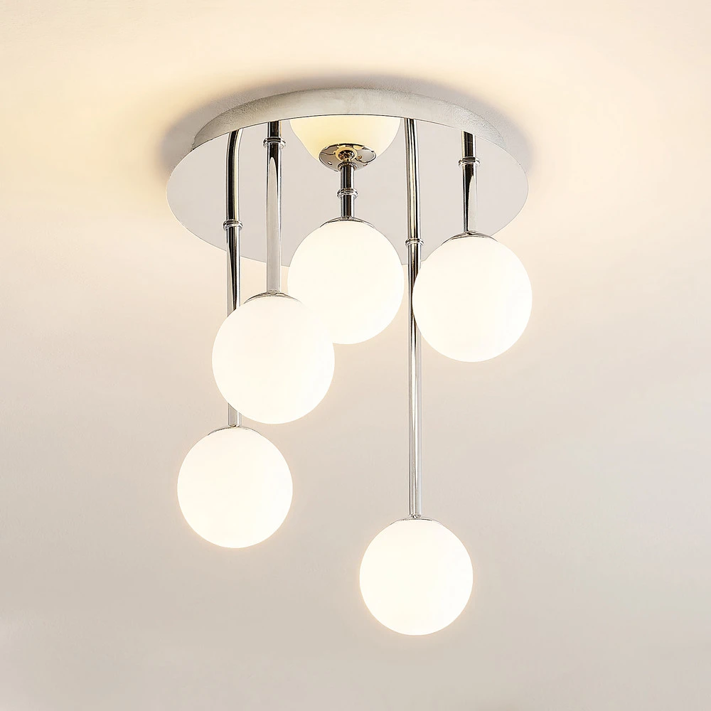 Lindby plafonnier Chrissy, Ø 27 cm, chromé, à 5 lampes, verre