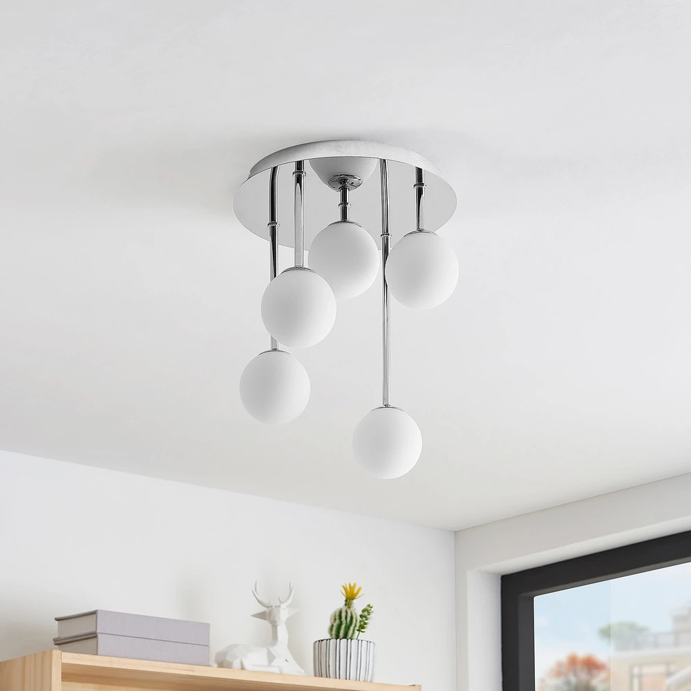 Lindby plafonnier Chrissy, Ø 27 cm, chromé, à 5 lampes, verre