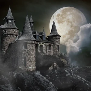 Toile de fond au évident de lune du château de minuit d'Halloween D912