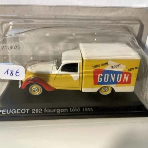 Chaîne de transmission Peugeot 202 fourgon tôlé jaune et blanc de 1953 (avec publicité Gonon)