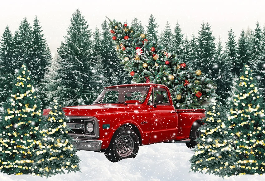 Chaîne de transmission Toile de fond d'arbres de Noël de camion rouge pour la photographie D855