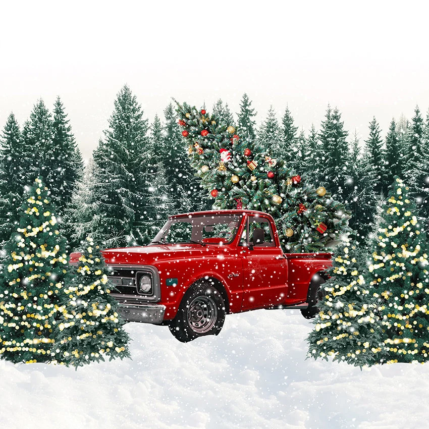 Chaîne de transmission Toile de fond d'arbres de Noël de camion rouge pour la photographie D855