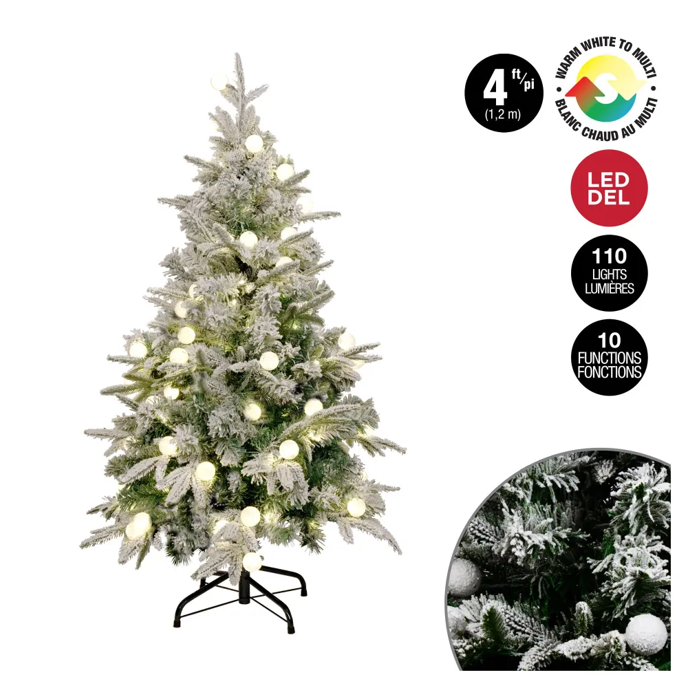 Échappement complet Arbre de Noël floqué en PE de 213 pointes avec 110 boules de lumière à DEL bicouleur, 4' (1,2 m)