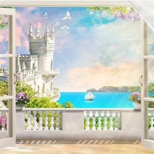 Échappement complet Toile de fond de Beau paysage de château à l'extérieur de la fenêtre G-492