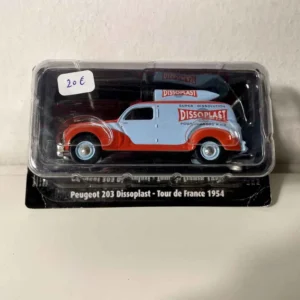 Peugeot 203 bleue et orange colle Dissoplast du tour de France de 1954 avec rivets de maillon