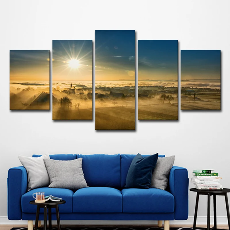 Toile d'art tendance multi-pièces avec vue sur le coucher du soleil du village, décoration murale marron pour la maison