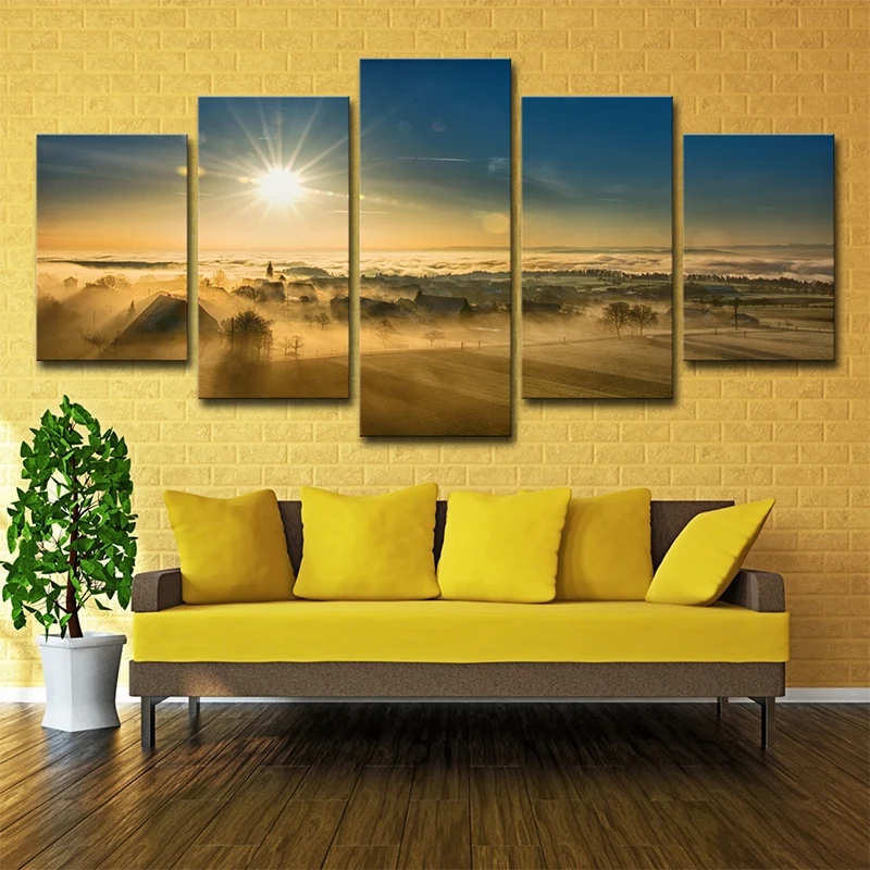 Toile d'art tendance multi-pièces avec vue sur le coucher du soleil du village, décoration murale marron pour la maison