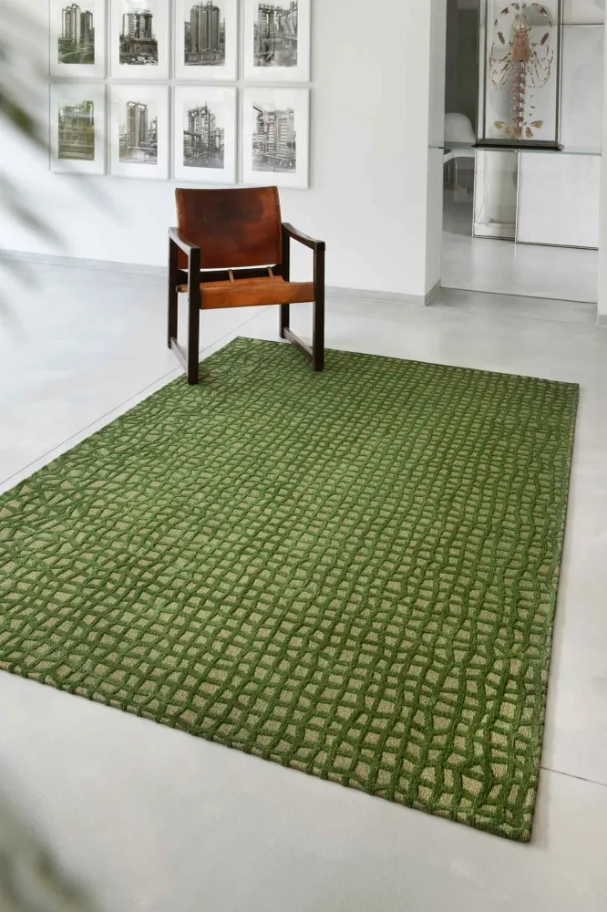 Vert olive Checkered Belgian Hand Tufted Rug