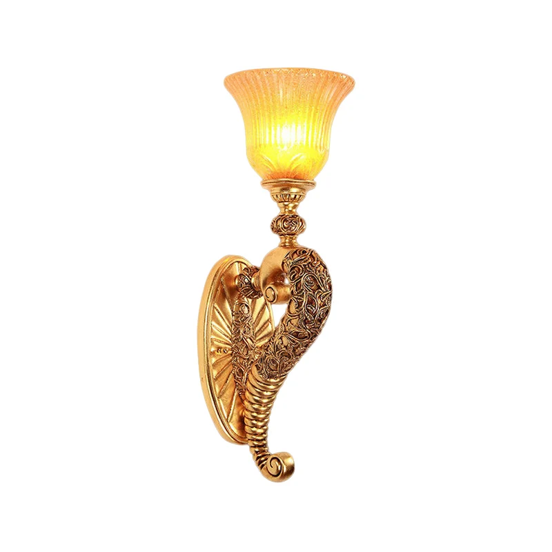 Applique murale cloche de Style ancien, 1 ampoule, luminaire mural en verre ambre avec bras incurvé en Bronze/or pour cham...