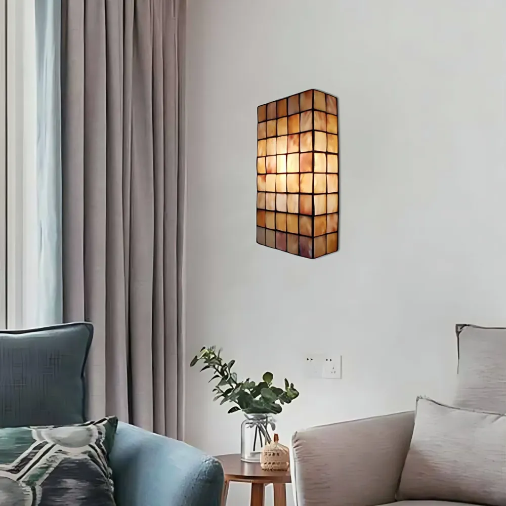 Applique murale rectangulaire avec abat-jour coquille 2 ampoules Luminaire mural Tiffany en naturel