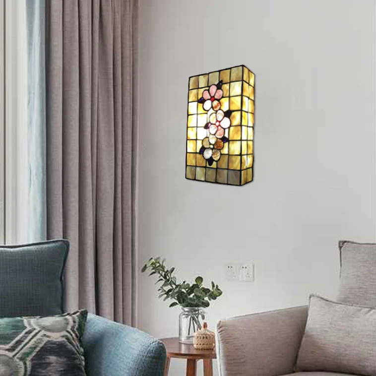 Applique murale rectangulaire avec abat-jour coquille 2 ampoules Luminaire mural Tiffany en naturel