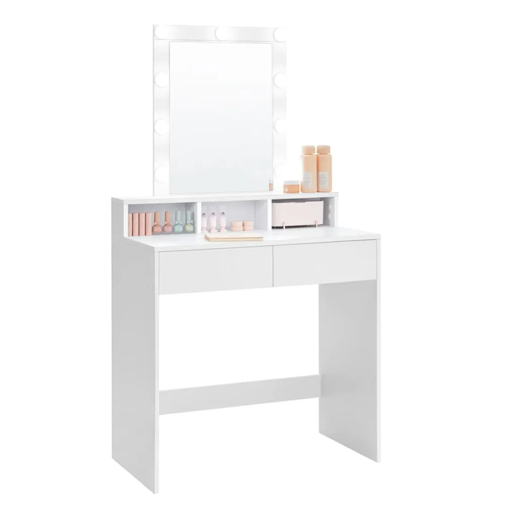 Coiffeuse avec miroir et ampoules table de maquillage avec 2 tiroirs et 3 compartiments de rangement style actuel blanc 12...