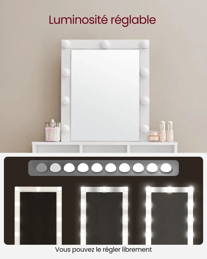 Coiffeuse avec miroir et ampoules table de maquillage avec 2 tiroirs et 3 compartiments de rangement style actuel blanc 12...