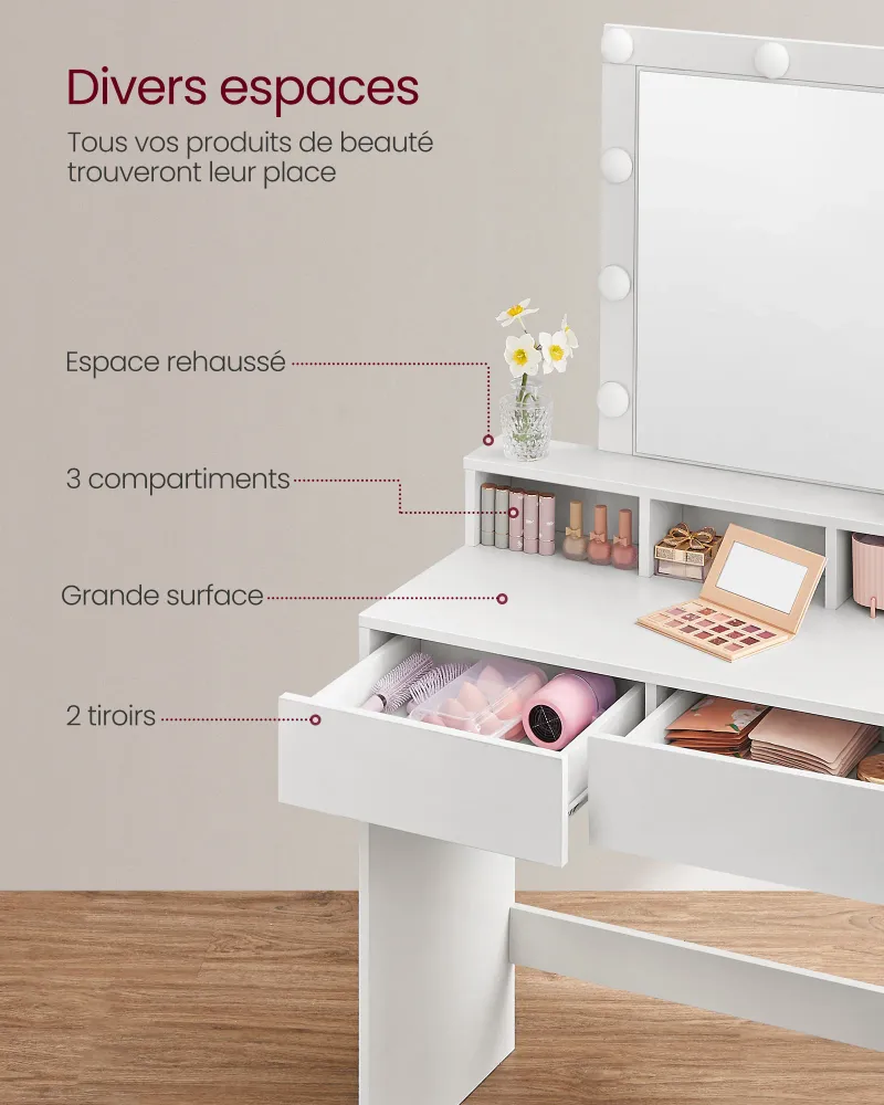 Coiffeuse avec miroir et ampoules table de maquillage avec 2 tiroirs et 3 compartiments de rangement style actuel blanc 12...
