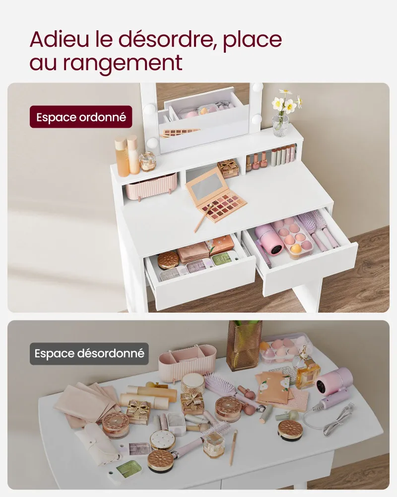 Coiffeuse avec miroir et ampoules table de maquillage avec 2 tiroirs et 3 compartiments de rangement style actuel blanc 12...