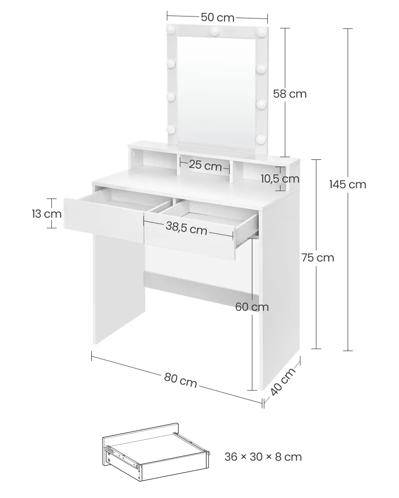 Coiffeuse avec miroir et ampoules table de maquillage avec 2 tiroirs et 3 compartiments de rangement style actuel blanc 12...