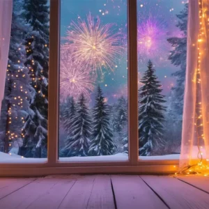 Fond pour le Nouvel Fenêtre hivernale chaleureuse Feux d'artifice Fond pour le réveillon du Nouvel LXX512-12