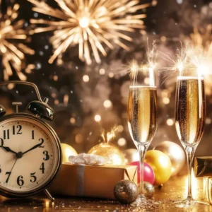 Fonds pour le Nouvel champagne compte à rebours horloge feux d'artifice paillettes dorées fond LXX512-7