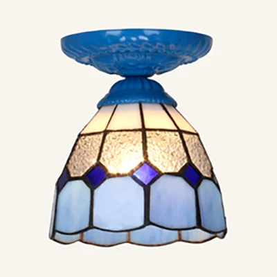 Industrielle Vintage-Einbau-Deckenleuchte aus Buntglas, 1-Licht-Einbau-Deckenleuchte Weiß/Blau/Klar