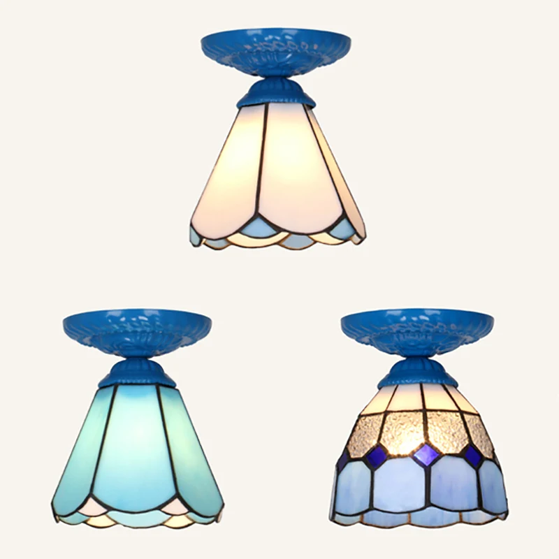 Industrielle Vintage-Einbau-Deckenleuchte aus Buntglas, 1-Licht-Einbau-Deckenleuchte Weiß/Blau/Klar