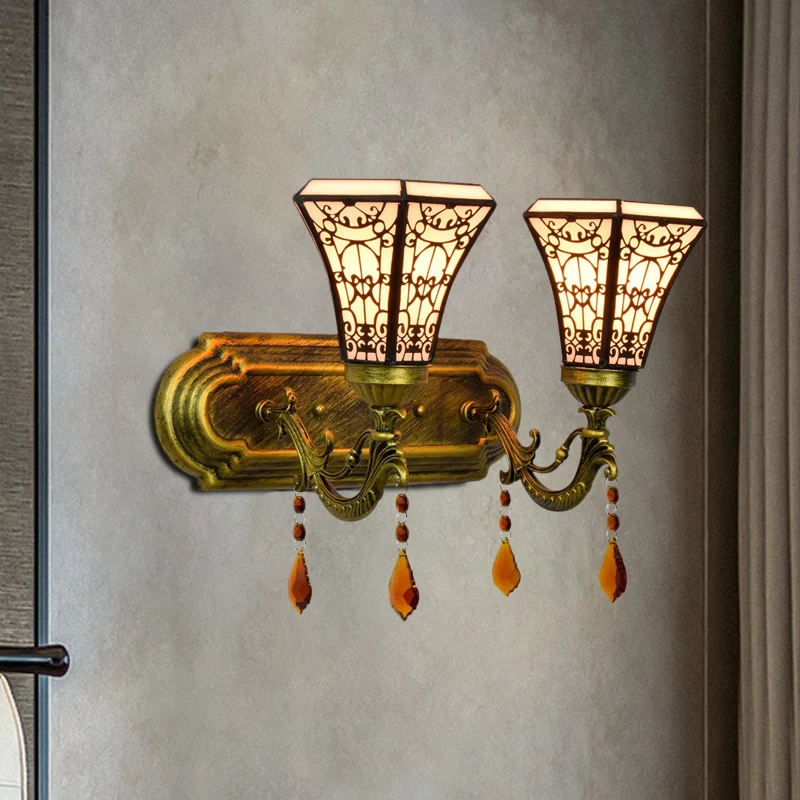 Lampe murale en laiton, 2 ampoules, verre teinté Mission, pyramide à 4 côtés/applique murale évasée, éclairage