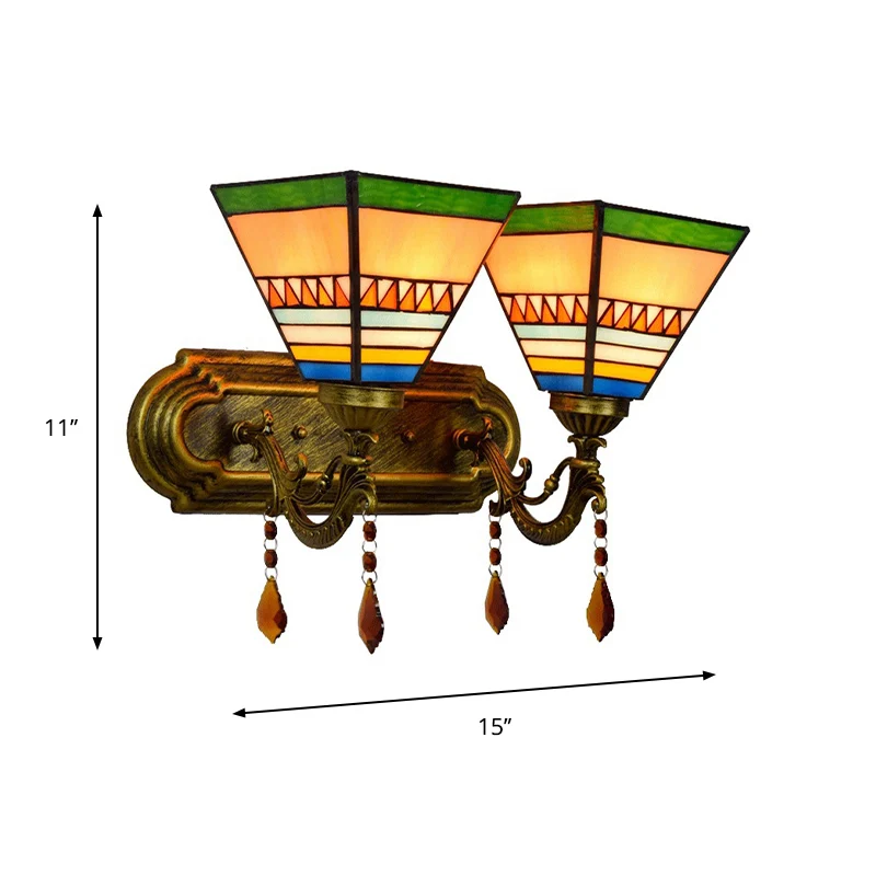 Lampe murale en laiton, 2 ampoules, verre teinté Mission, pyramide à 4 côtés/applique murale évasée, éclairage