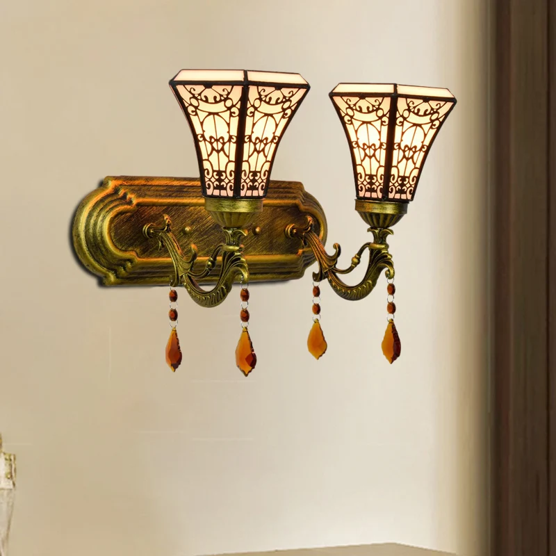Lampe murale en laiton, 2 ampoules, verre teinté Mission, pyramide à 4 côtés/applique murale évasée, éclairage