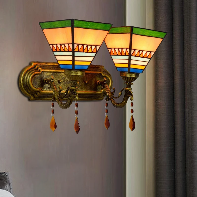 Lampe murale en laiton, 2 ampoules, verre teinté Mission, pyramide à 4 côtés/applique murale évasée, éclairage