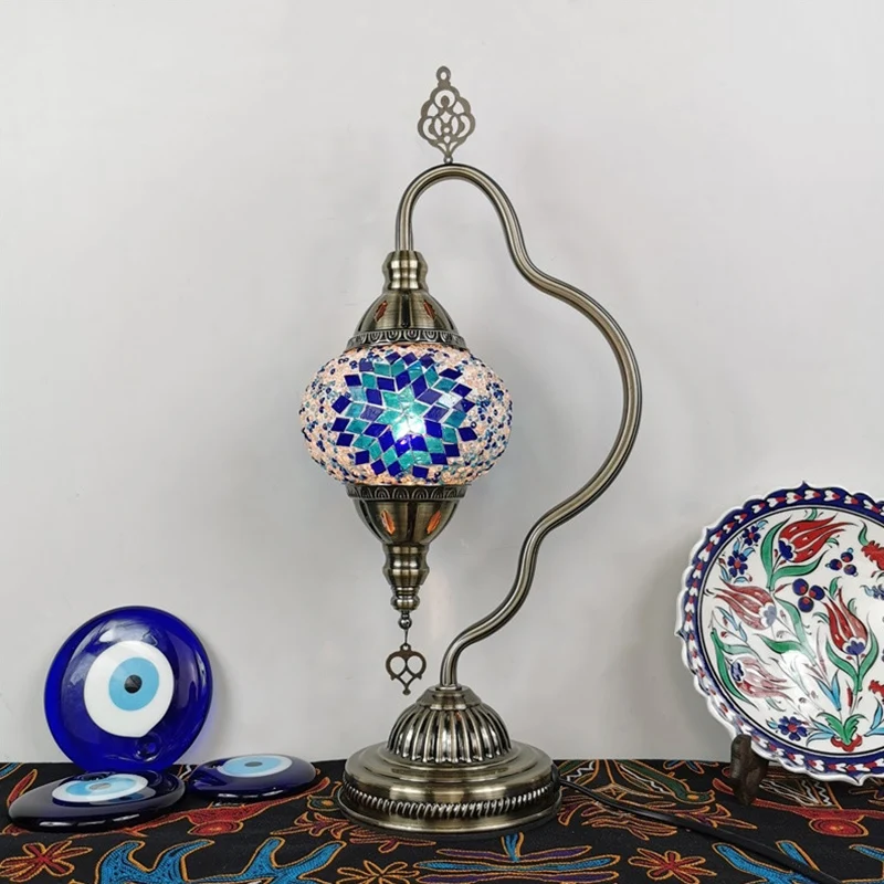 Lampe de nuit en vitrail à bras courbé Art déco, 1 ampoule, éclairage de table de chevet pour chambre à coucher en rouge/j...