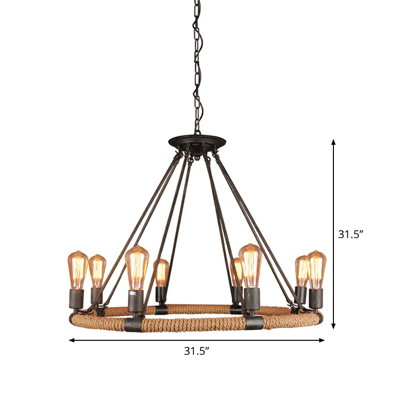 Lampe suspendue circulaire à 1/2 couches, 6/8/14 ampoules, lustre enveloppé de corde, noir et marron, usine