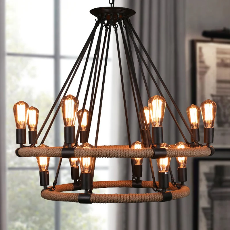Lampe suspendue circulaire à 1/2 couches, 6/8/14 ampoules, lustre enveloppé de corde, noir et marron, usine