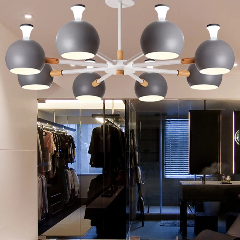 Lampe suspendue en forme de flocon de neige en bois avec abat-jour orbe, lustre macaron à 8 ampoules pour la maternelle