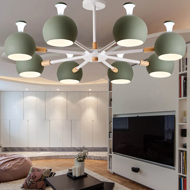 Lampe suspendue en forme de flocon de neige en bois avec abat-jour orbe, lustre macaron à 8 ampoules pour la maternelle