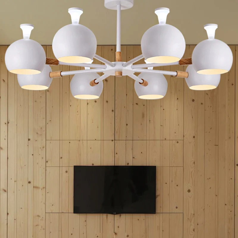 Lampe suspendue en forme de flocon de neige en bois avec abat-jour orbe, lustre macaron à 8 ampoules pour la maternelle
