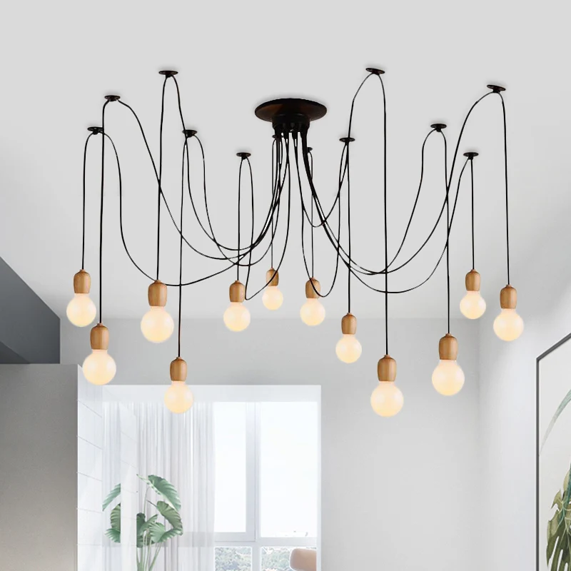 Lampe suspendue Noir jais Swag avec ampoule exposée, bois industriel, 8/12 lumières, lampe suspendue pour salle à manger