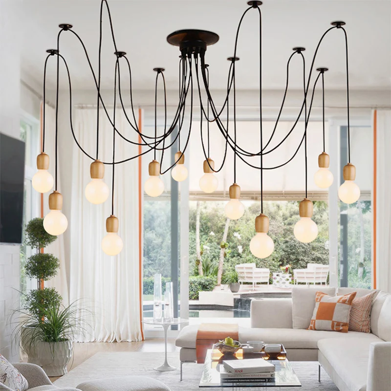 Lampe suspendue Noir jais Swag avec ampoule exposée, bois industriel, 8/12 lumières, lampe suspendue pour salle à manger