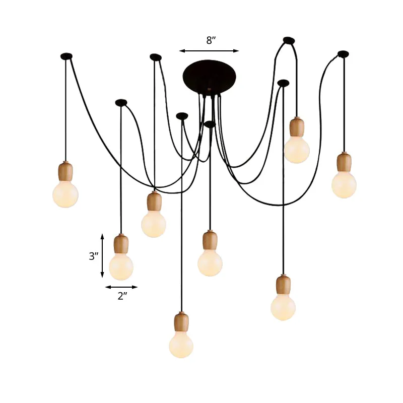 Lampe suspendue Noir jais Swag avec ampoule exposée, bois industriel, 8/12 lumières, lampe suspendue pour salle à manger