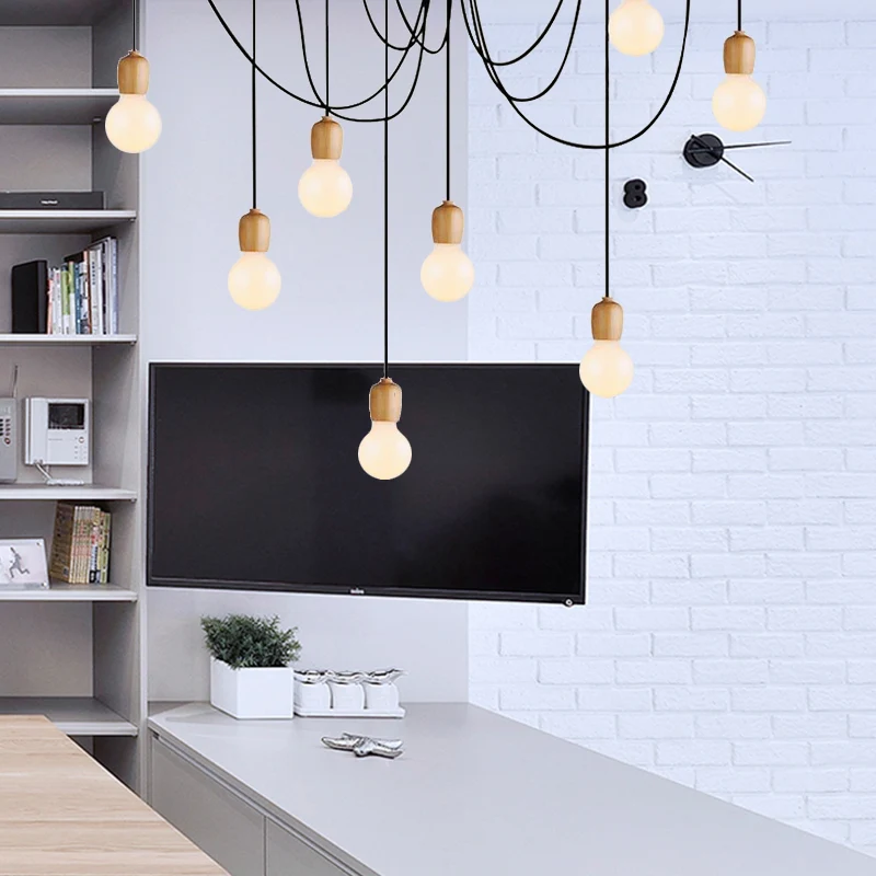 Lampe suspendue Noir jais Swag avec ampoule exposée, bois industriel, 8/12 lumières, lampe suspendue pour salle à manger