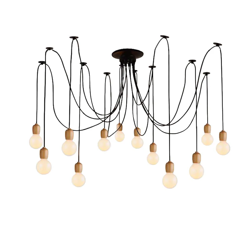 Lampe suspendue Noir jais Swag avec ampoule exposée, bois industriel, 8/12 lumières, lampe suspendue pour salle à manger